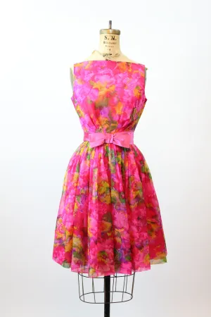 1960s BOLD floral CHIFFON silk BOW dress xs | new spring summer