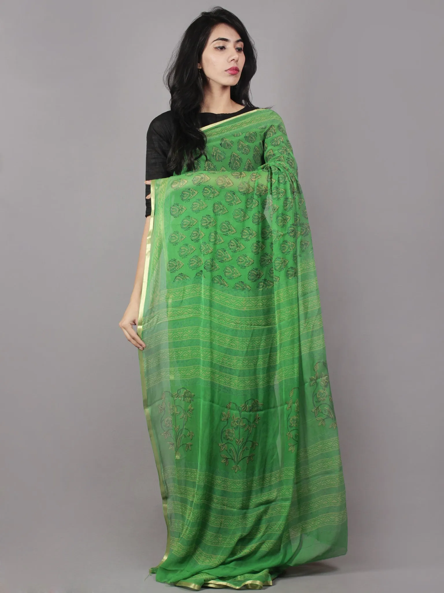 Basil Green Yellow Hand Block Printed Chiffon Saree - S031701674