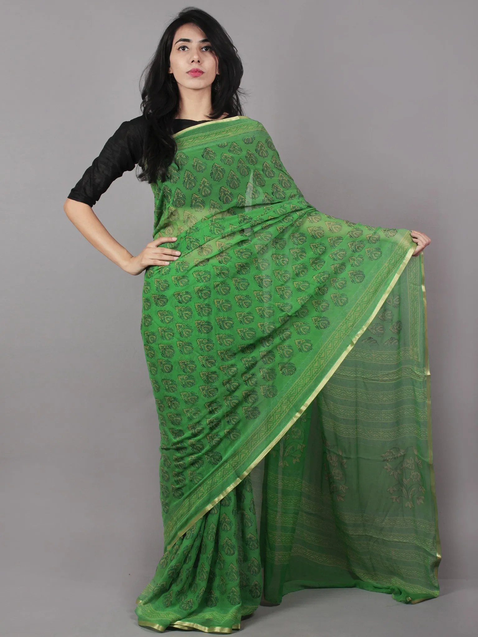 Basil Green Yellow Hand Block Printed Chiffon Saree - S031701674