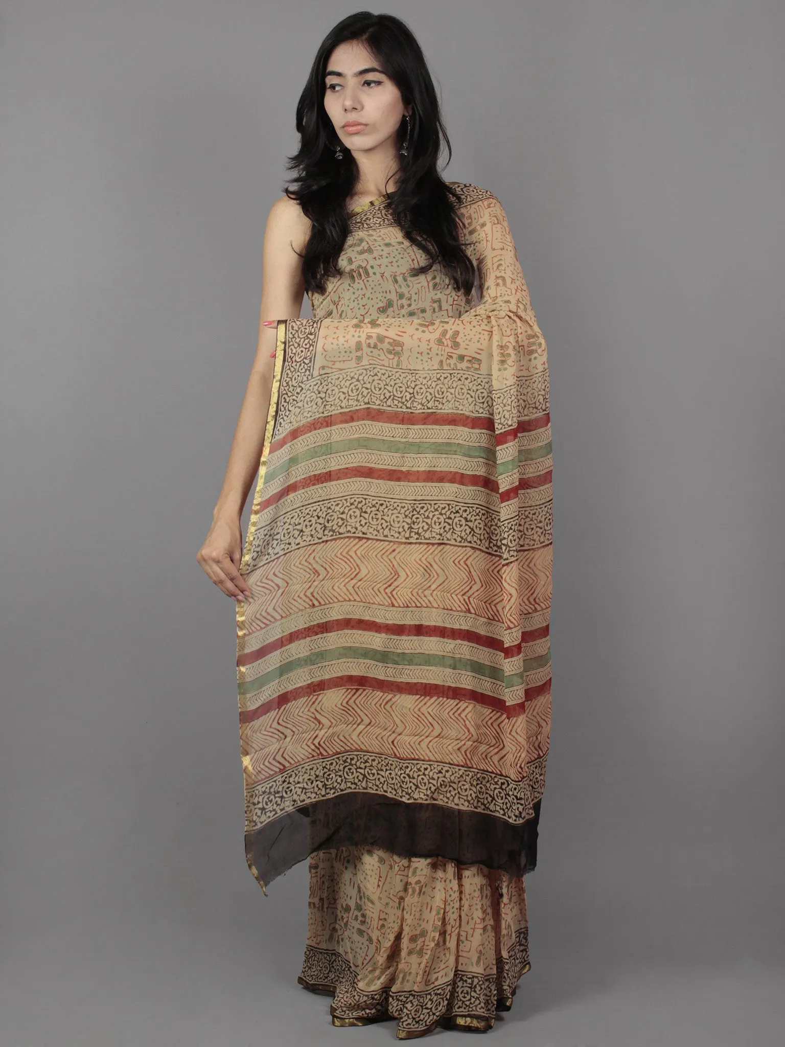 Beige Maroon Black Hand Block Printed Chiffon Saree - S031701881