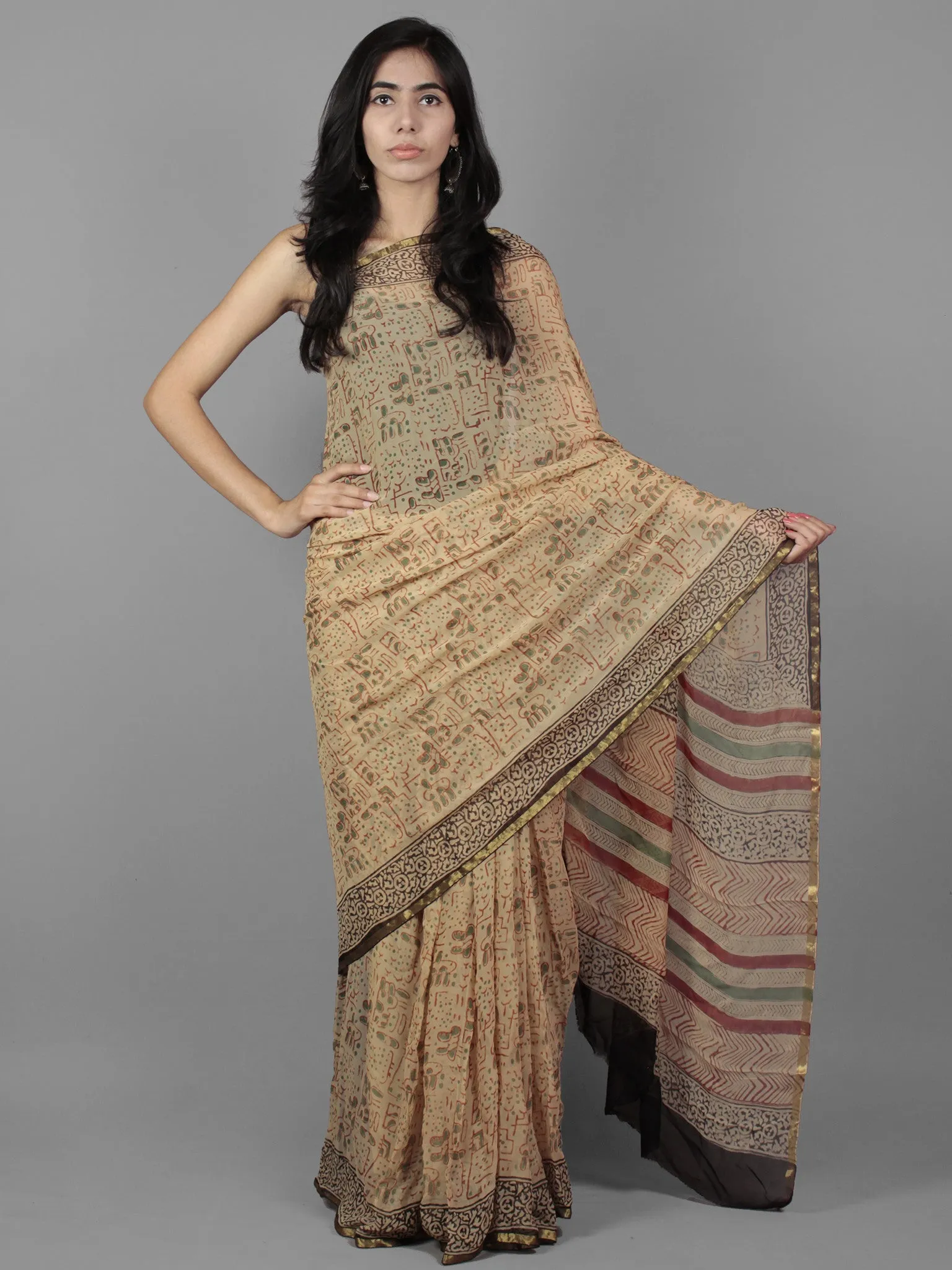 Beige Maroon Black Hand Block Printed Chiffon Saree - S031701881