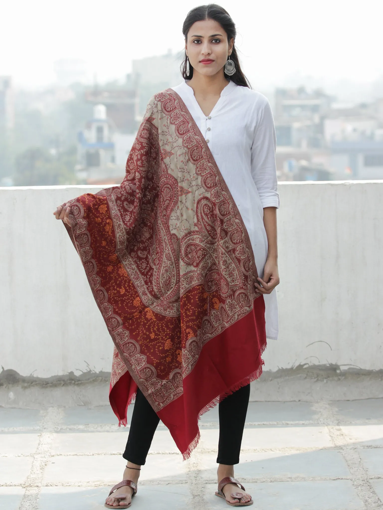 Beige Red Orange Jacouard Jamawar Needle Embroidered Woollen Kashmiri Stole - S200593