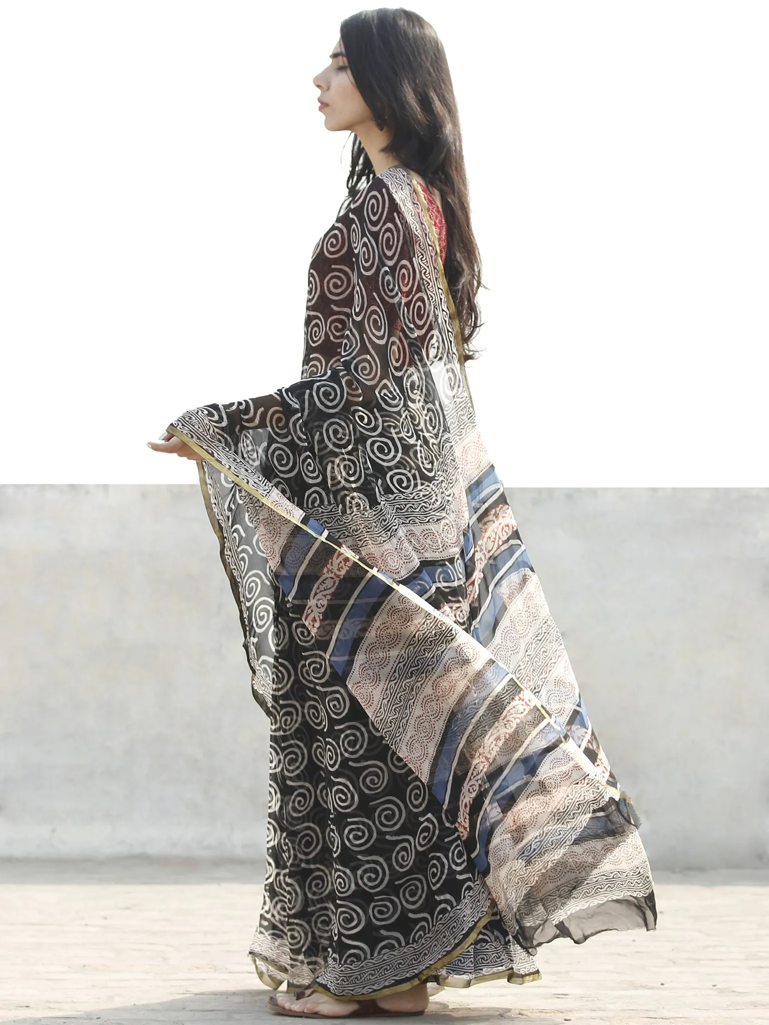 Black & White Hand Block Printed Chiffon Saree with zari border- S031702666