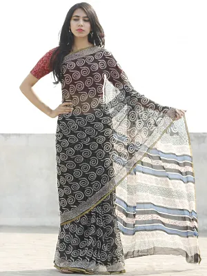 Black & White Hand Block Printed Chiffon Saree with zari border- S031702666