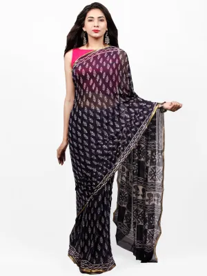 Black & White Hand Block Printed Chiffon Saree with Zari Border - S031703262