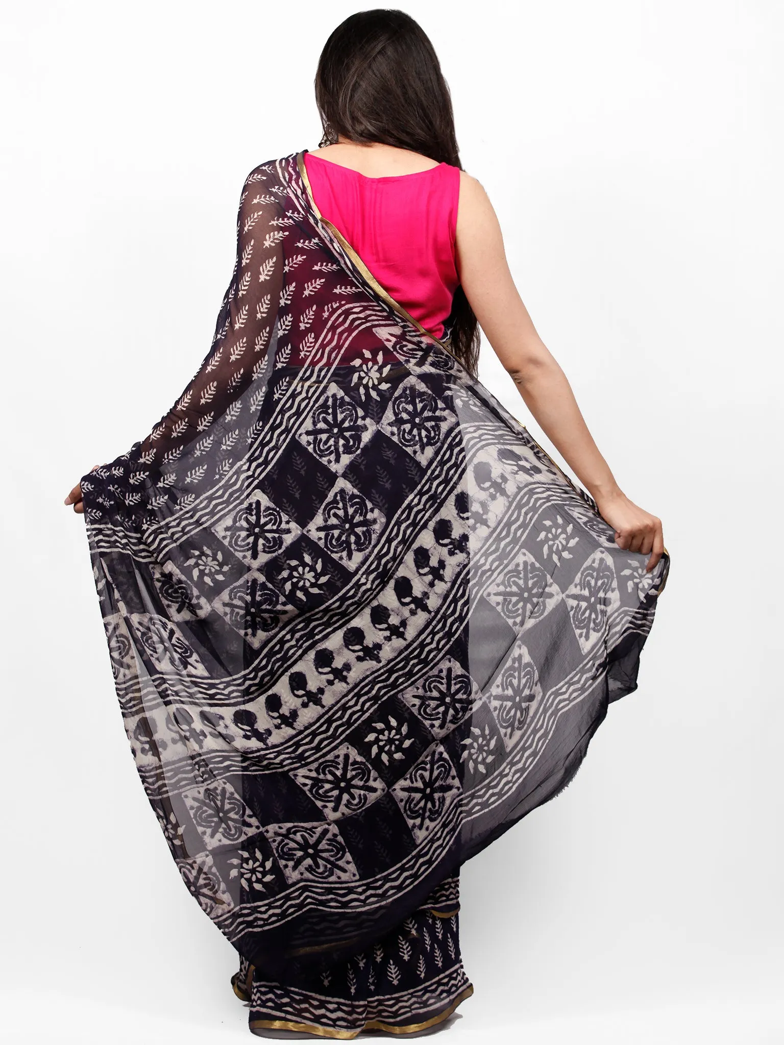 Black & White Hand Block Printed Chiffon Saree with Zari Border - S031703262