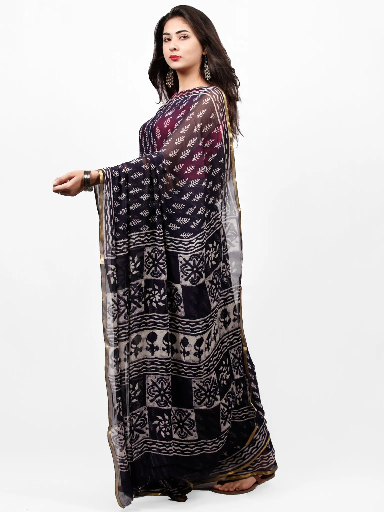 Black & White Hand Block Printed Chiffon Saree with Zari Border - S031703262