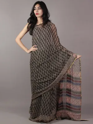 Black Beige Maroon Hand Block Printed Chiffon Saree - S031701816