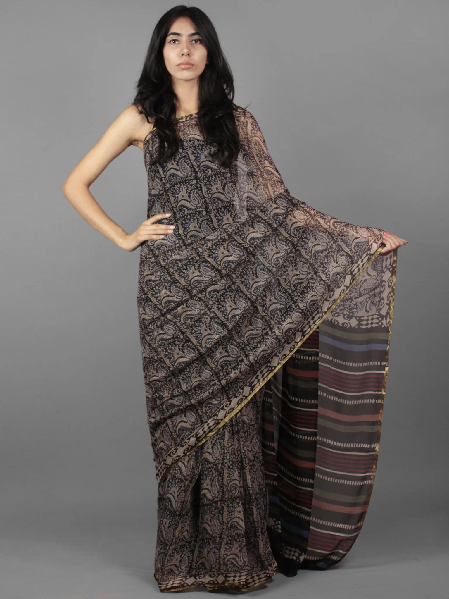 Black Beige Maroon Hand Block Printed Chiffon Saree - S031701898