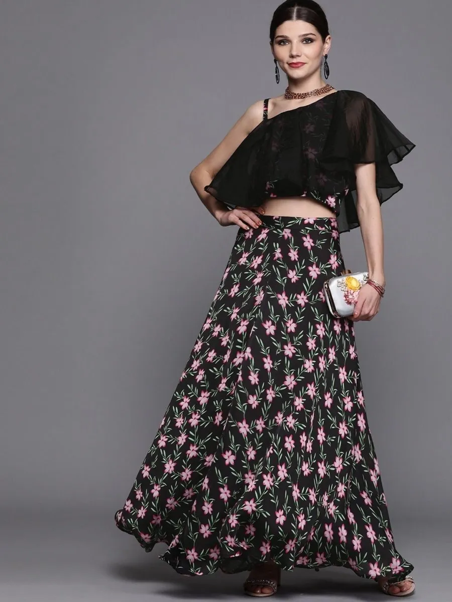 Black Georgette and Satin Blend Printed Lehenga Choli