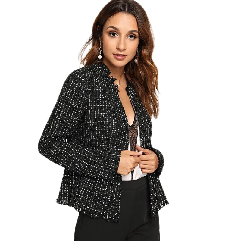 Black Highstreet Elegant Zip Up Frayed Edge Peplum Tweed Plaid