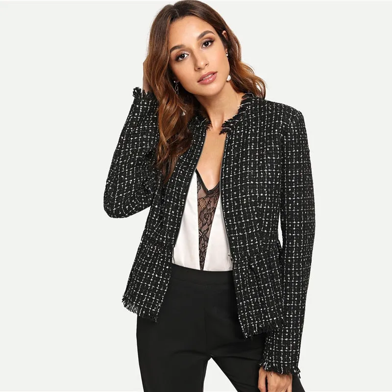 Black Highstreet Elegant Zip Up Frayed Edge Peplum Tweed Plaid