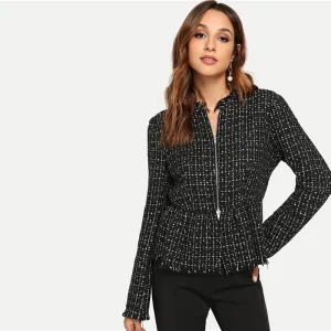 Black Highstreet Elegant Zip Up Frayed Edge Peplum Tweed Plaid