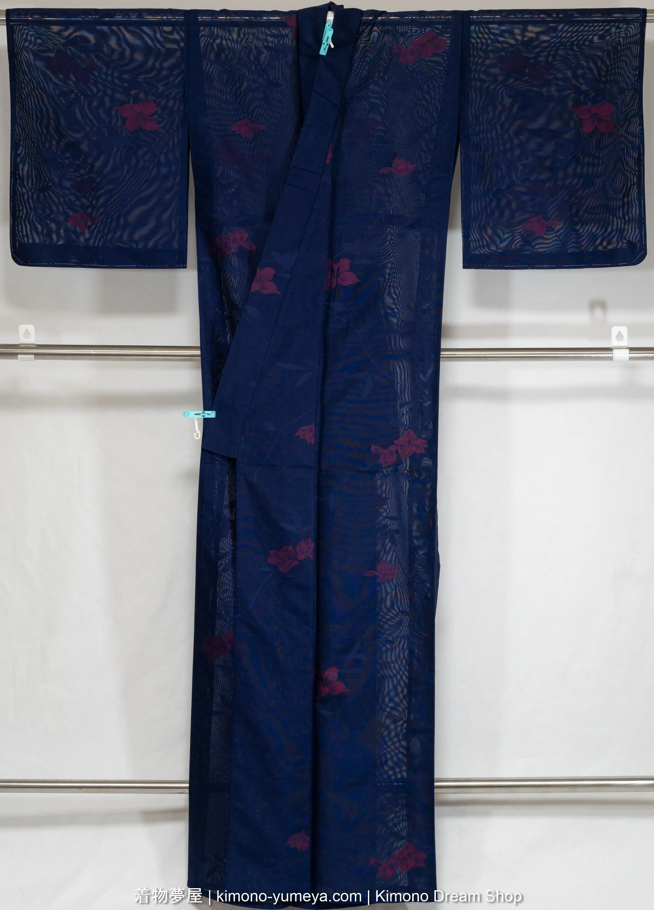 Blue with Red Flowers Yukata for Women - Traditional Japanese Summer Kimono - Vintage Lightweight See-Through Hand Washable Polyester Robe