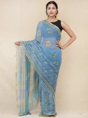 Blue Yellow Hand Block Printed Chiffon Saree with Zari Border - s031704159