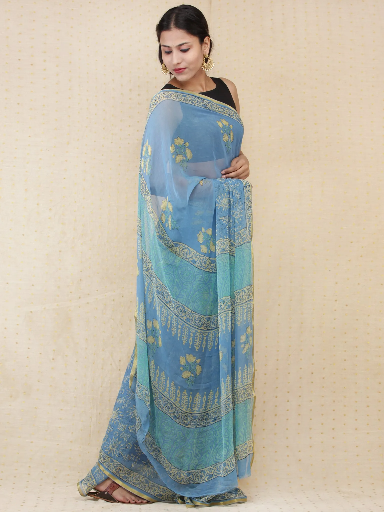 Blue Yellow Hand Block Printed Chiffon Saree with Zari Border - s031704159