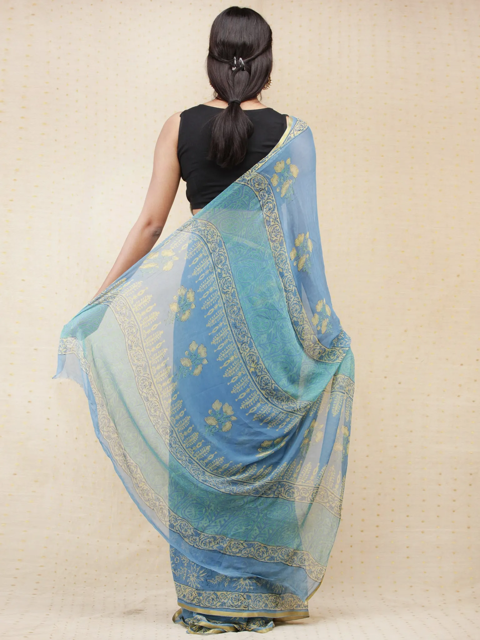 Blue Yellow Hand Block Printed Chiffon Saree with Zari Border - s031704159