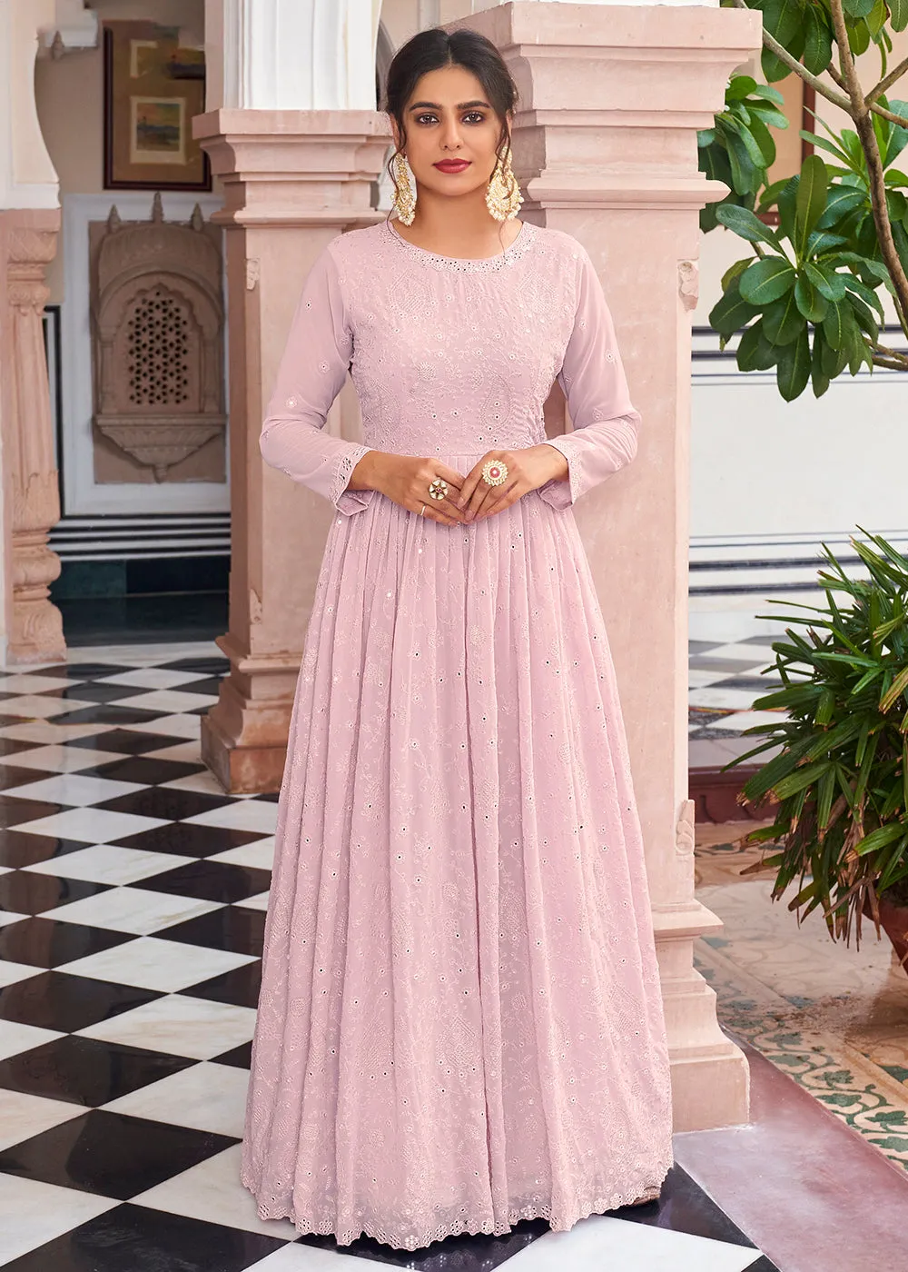 Blush Pink Pretty Embellished Work Wedding Anarkali Dress