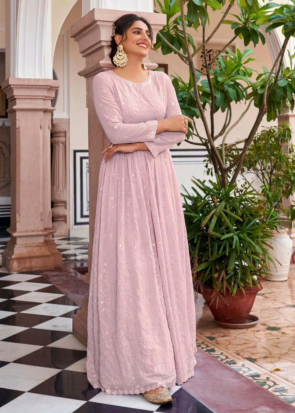 Blush Pink Pretty Embellished Work Wedding Anarkali Dress