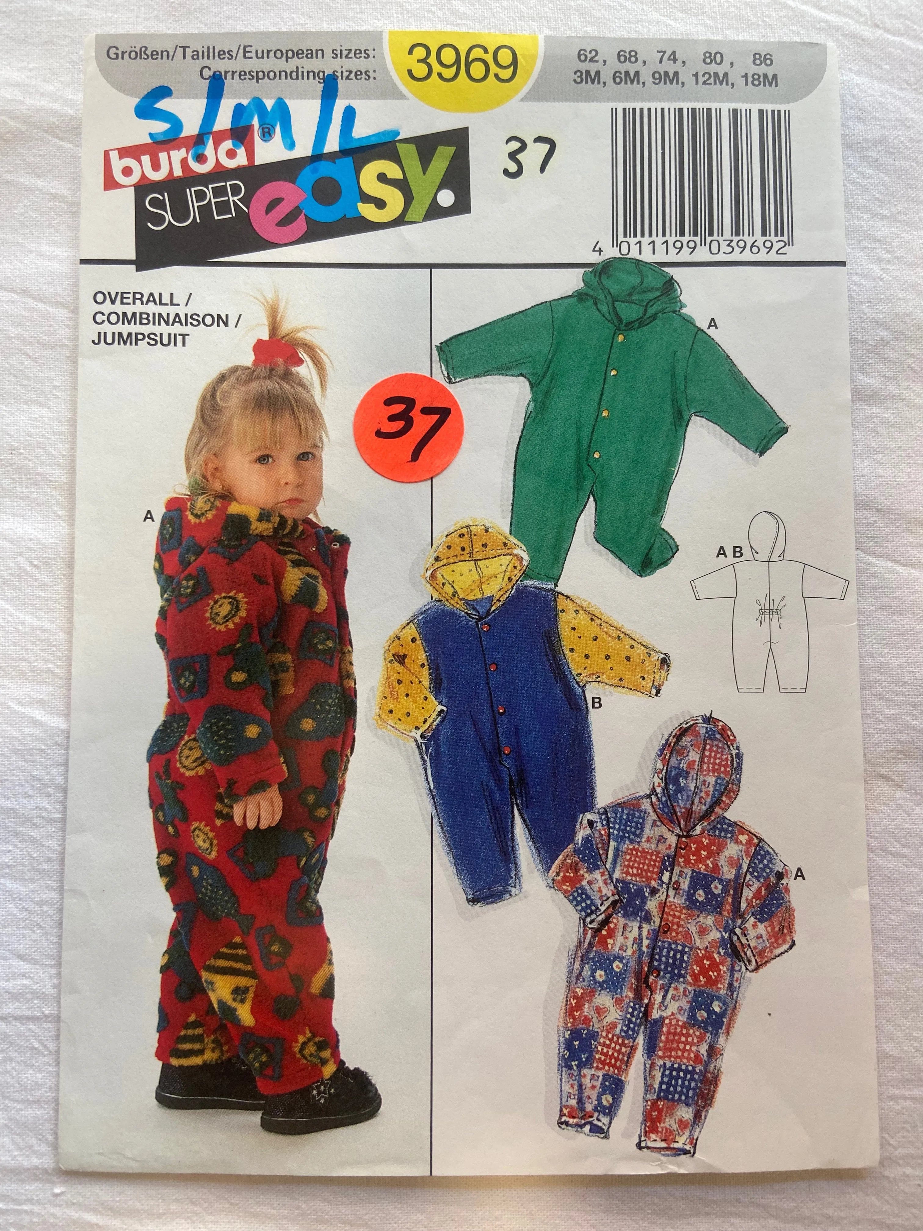 Burda Super Easy 3969 Pattern Baby Fleece Overalls w/ Hood