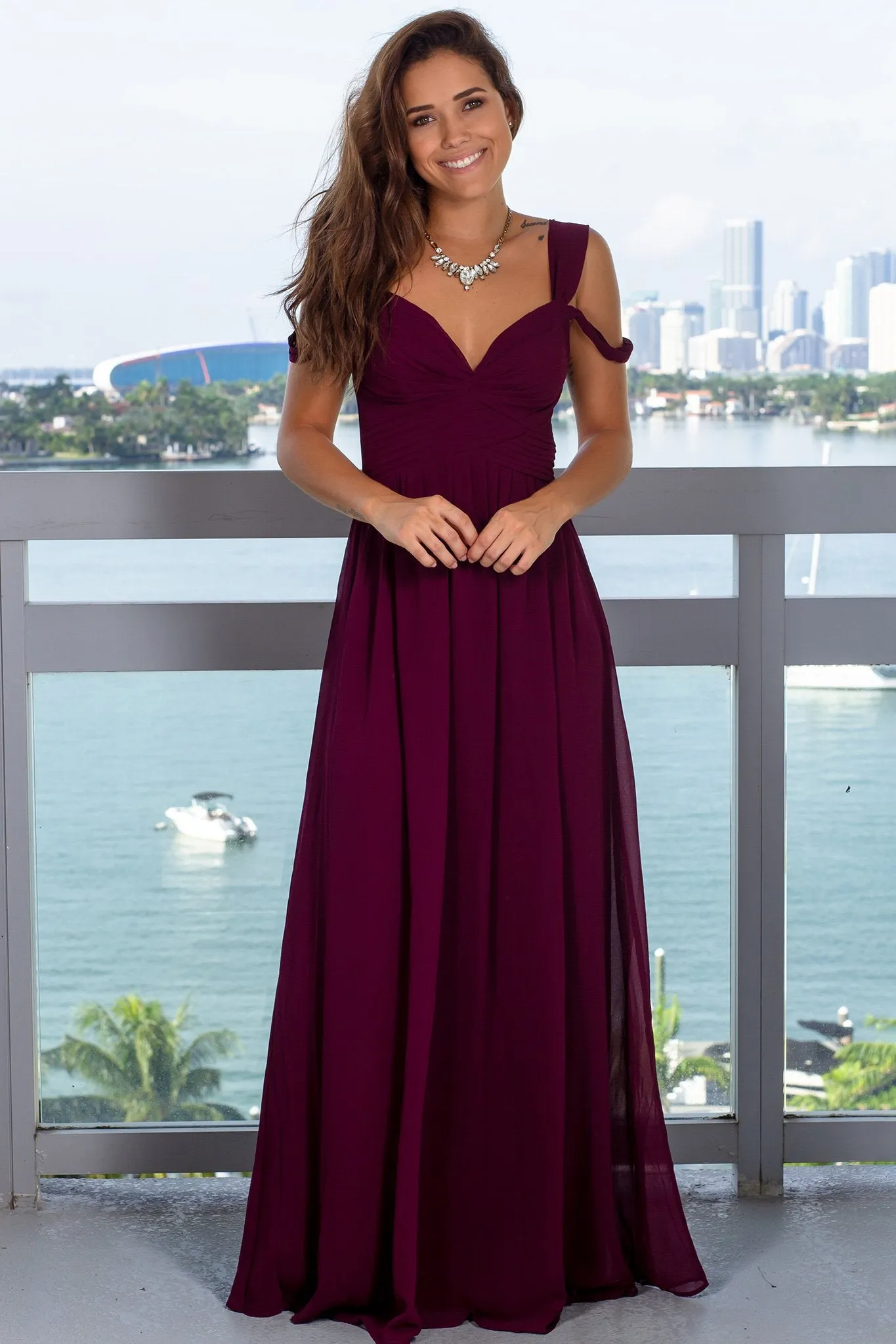 Burgundy Off Shoulder Maxi Dress with Pleats