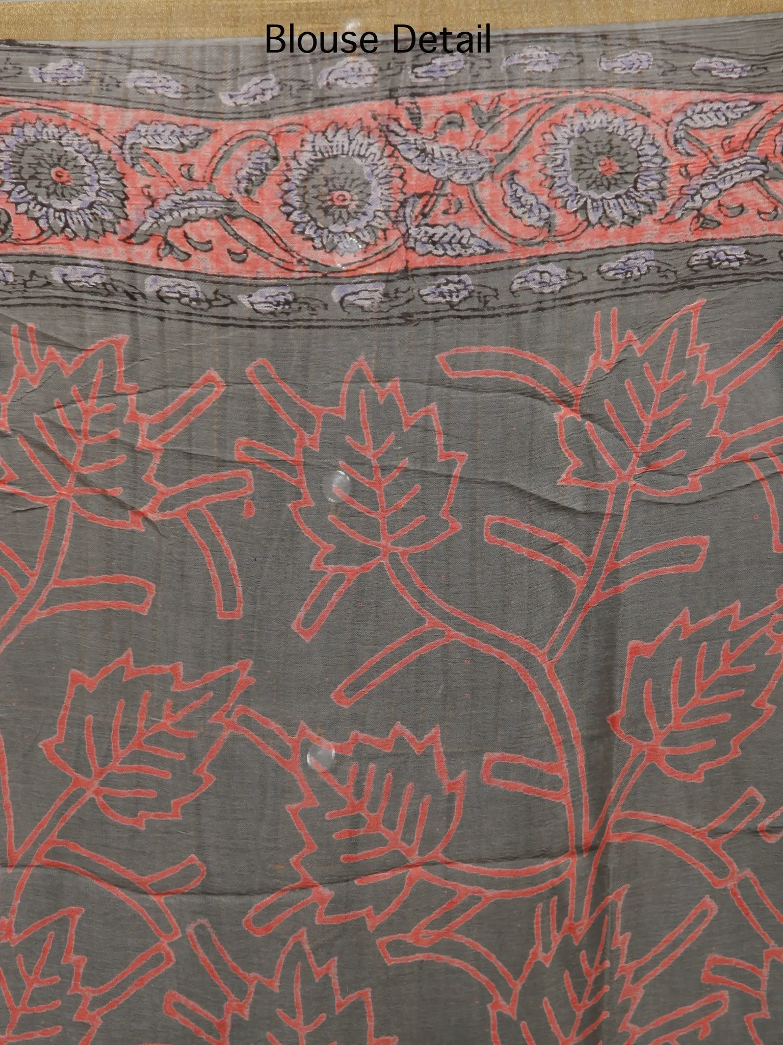 Charcoal Grey Coral Hand Block Printed Chiffon Saree with Zari Border - S031703244