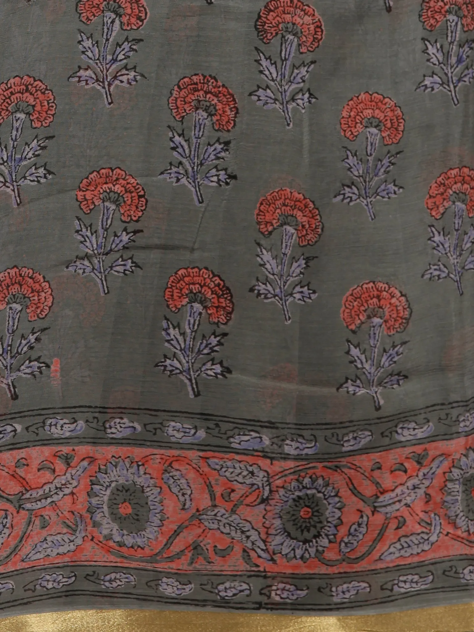 Charcoal Grey Coral Hand Block Printed Chiffon Saree with Zari Border - S031703244