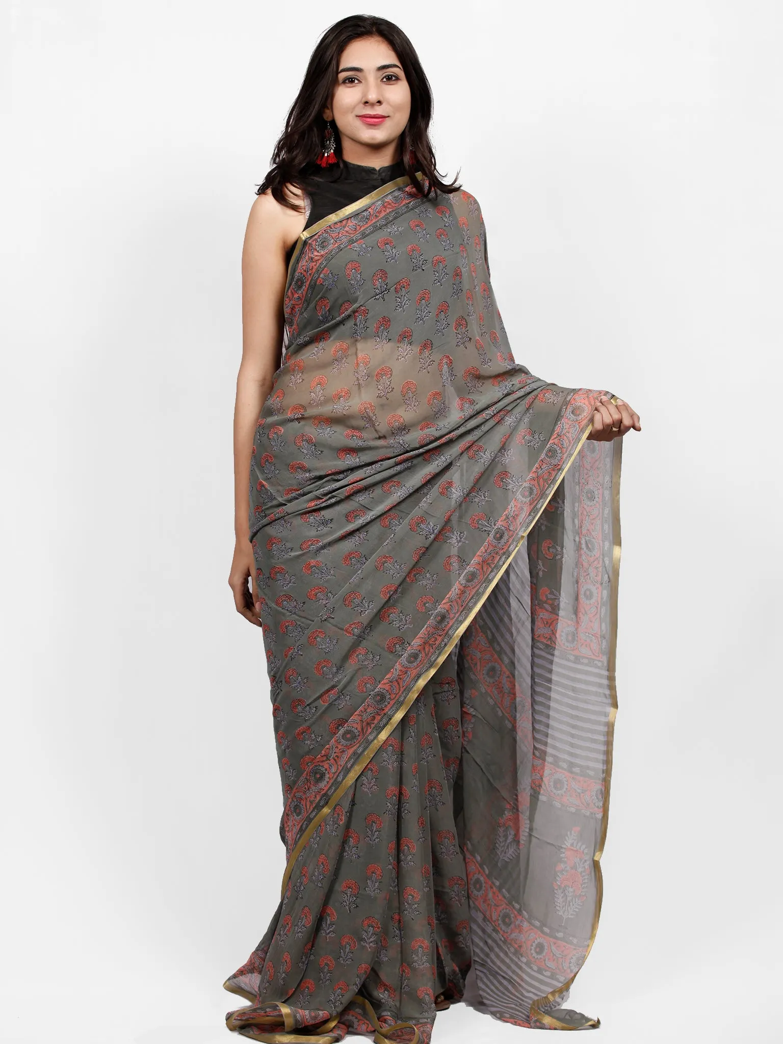 Charcoal Grey Coral Hand Block Printed Chiffon Saree with Zari Border - S031703244