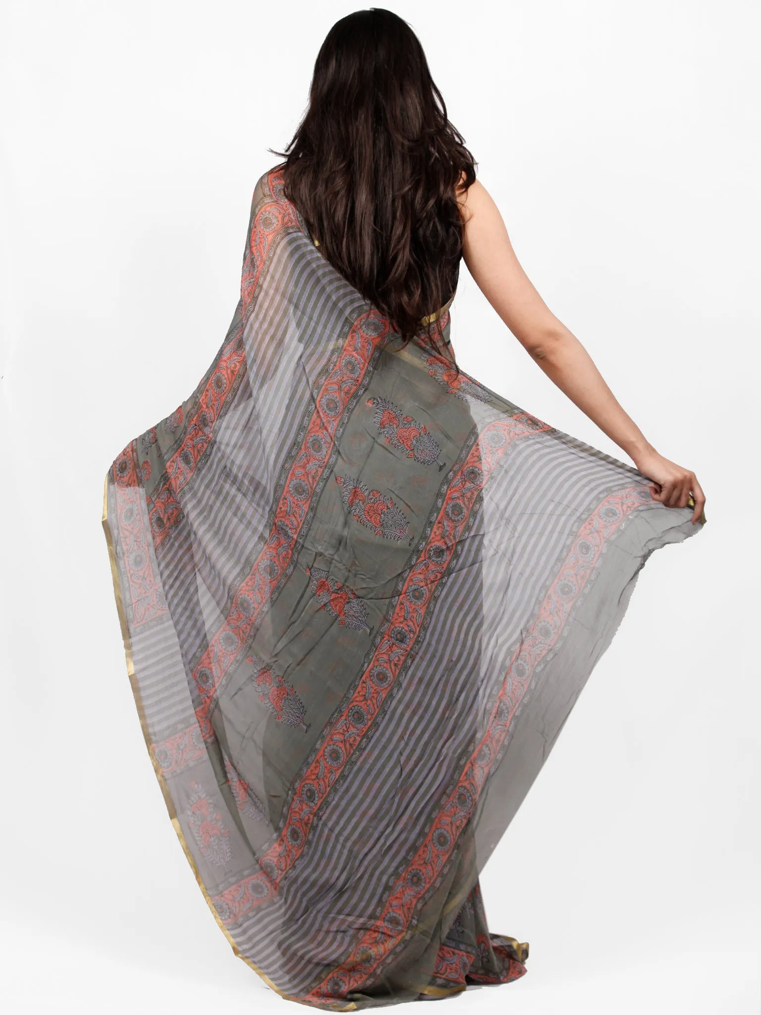 Charcoal Grey Coral Hand Block Printed Chiffon Saree with Zari Border - S031703244