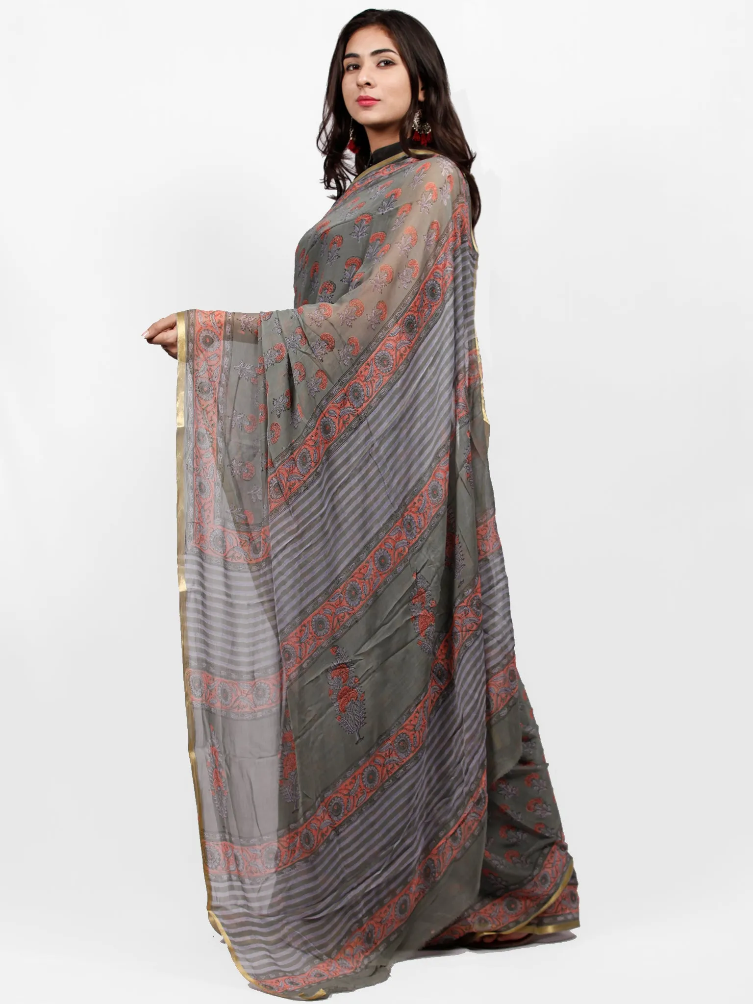 Charcoal Grey Coral Hand Block Printed Chiffon Saree with Zari Border - S031703244