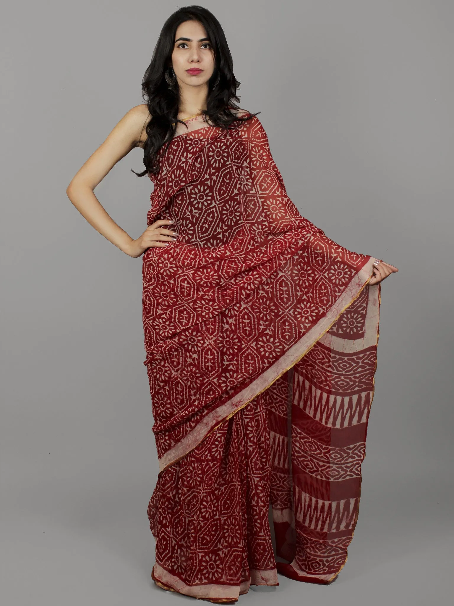 Cherry Red Ivory Hand Block Printed Chiffon Saree - S031702071