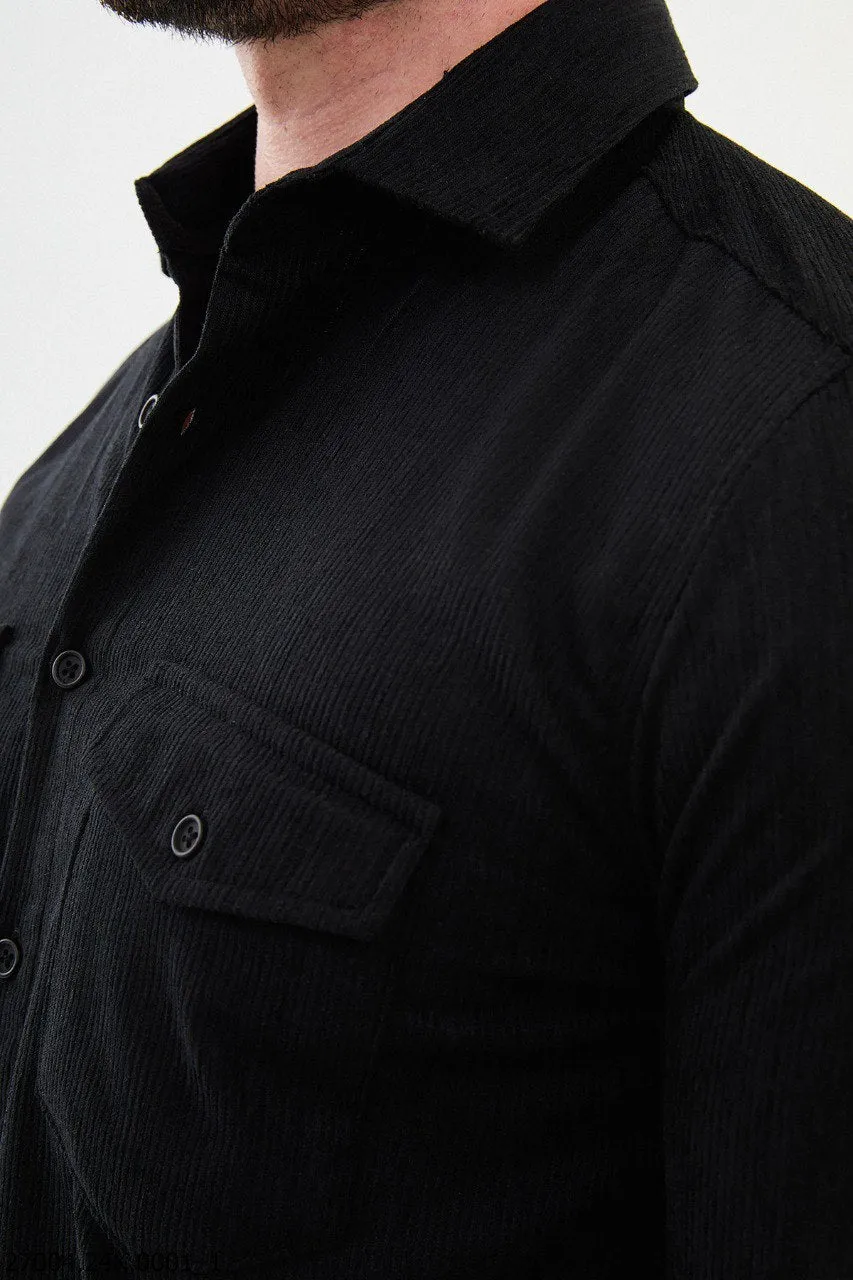 Classic Black Corduroy Shirt with Dual Flap Pockets.