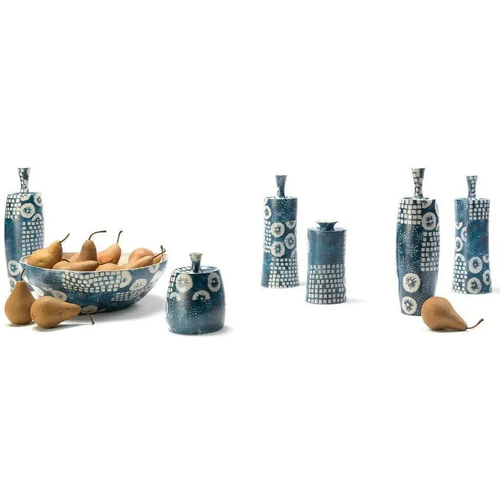 Coastal Style Blue Ceramic Block Print Vases (Set of 4)