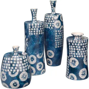 Coastal Style Blue Ceramic Block Print Vases (Set of 4)