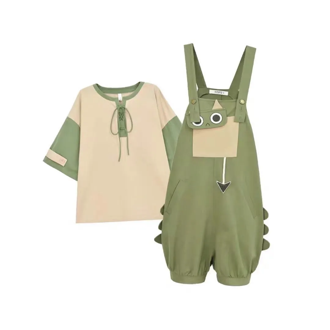 Colorblock T-Shirt Cartoon Dinosaur Embroidery Pocket Overalls Shorts