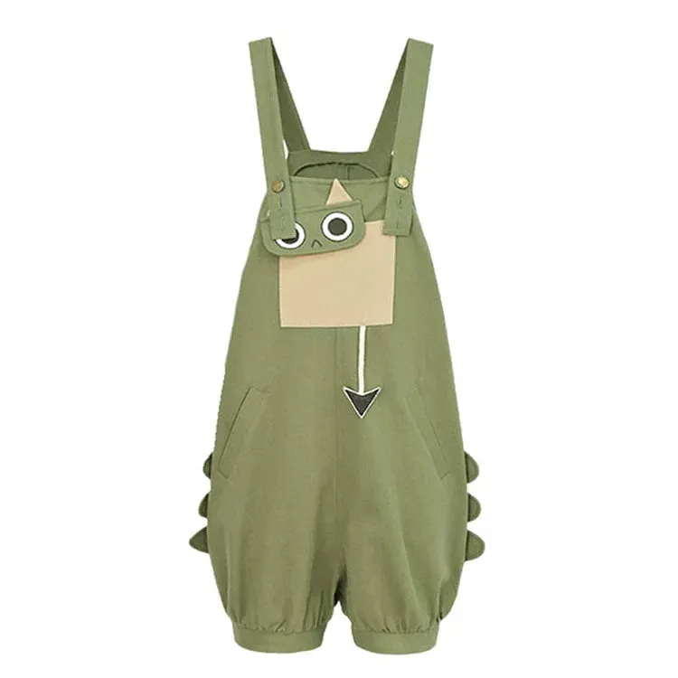 Colorblock T-Shirt Cartoon Dinosaur Embroidery Pocket Overalls Shorts