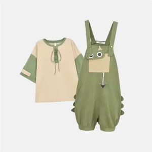 Colorblock T-Shirt Cartoon Dinosaur Embroidery Pocket Overalls Shorts