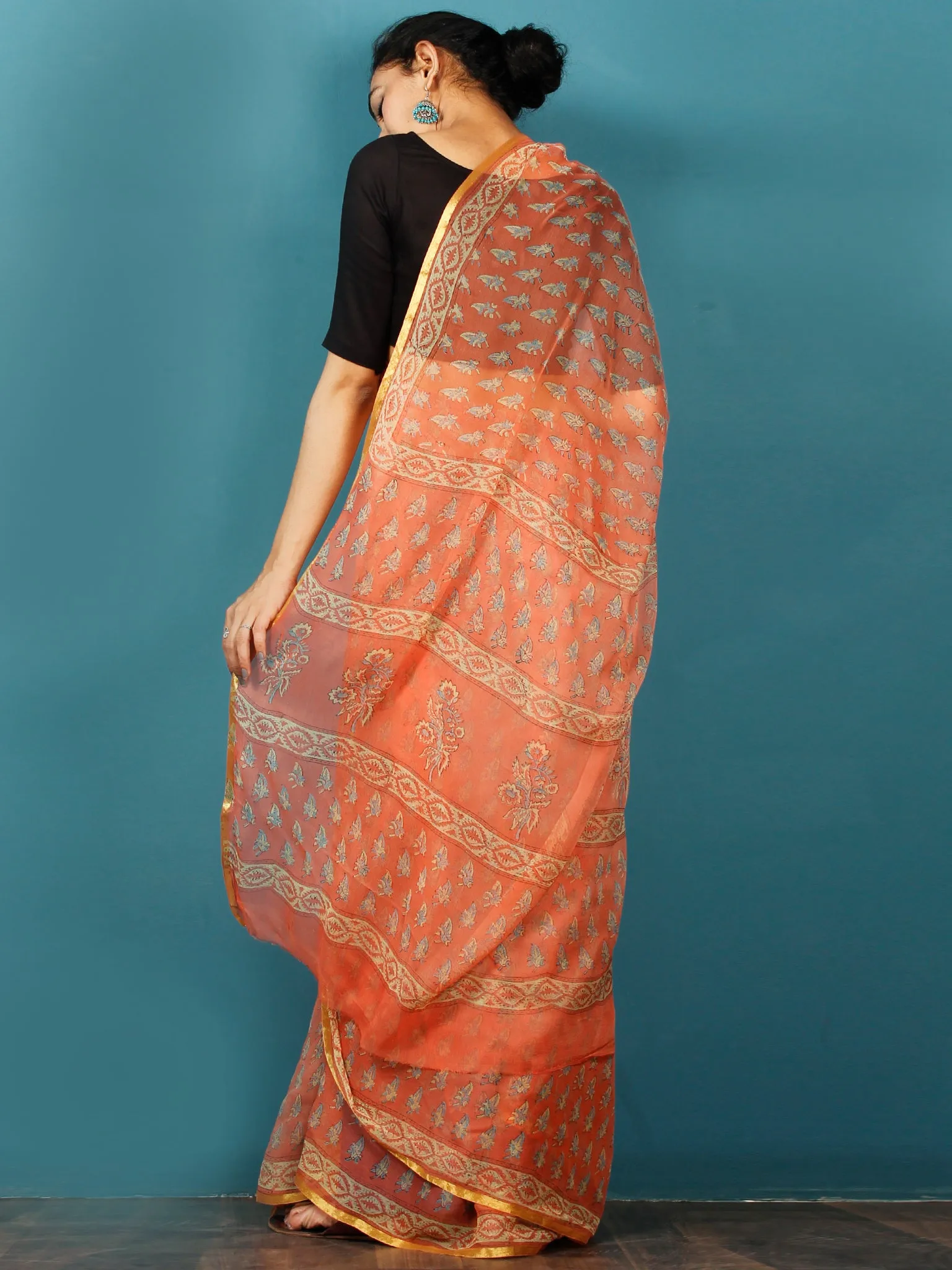 Coral Yellow Grey Hand Block Printed Chiffon Saree with Zari Border - S031702807