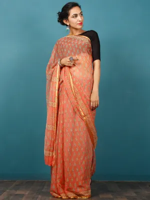 Coral Yellow Grey Hand Block Printed Chiffon Saree with Zari Border - S031702807