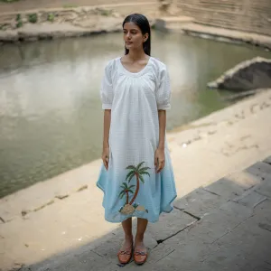 Cotton Midi Dress for Women | White & Blue Ombre | Hand Embroidered