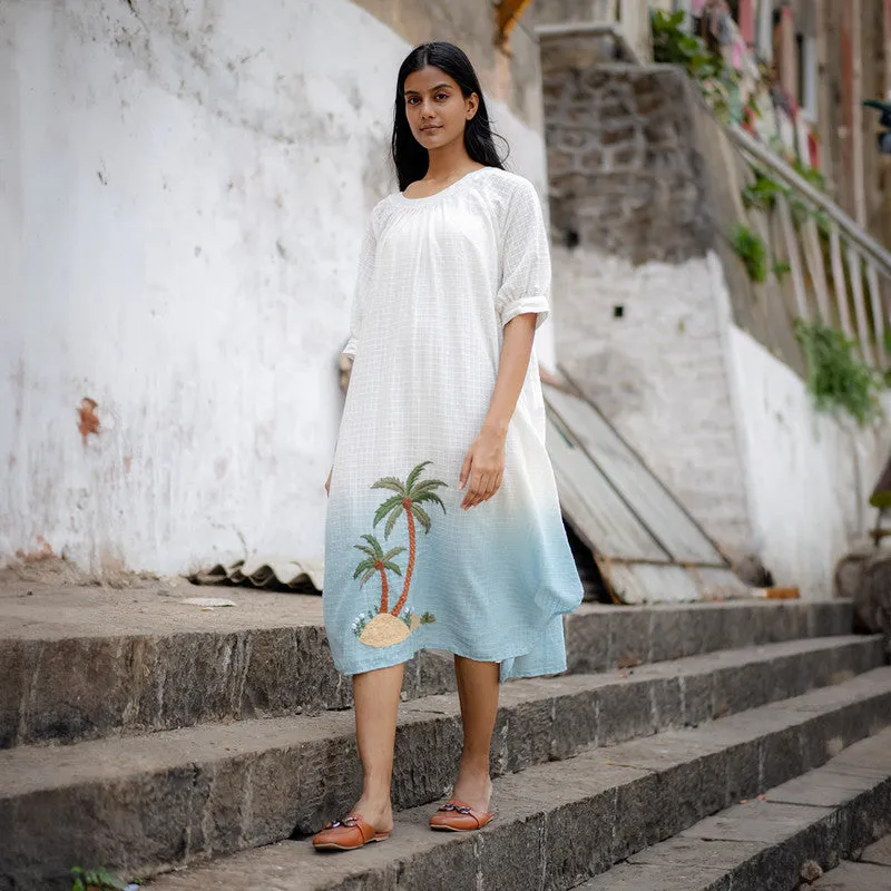 Cotton Midi Dress for Women | White & Blue Ombre | Hand Embroidered