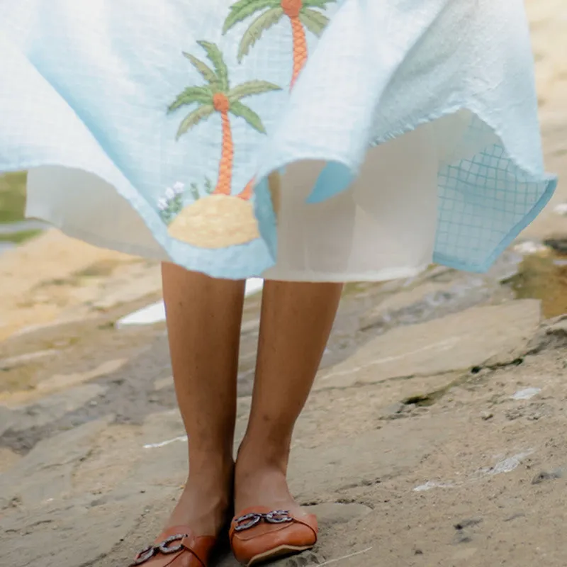 Cotton Midi Dress for Women | White & Blue Ombre | Hand Embroidered