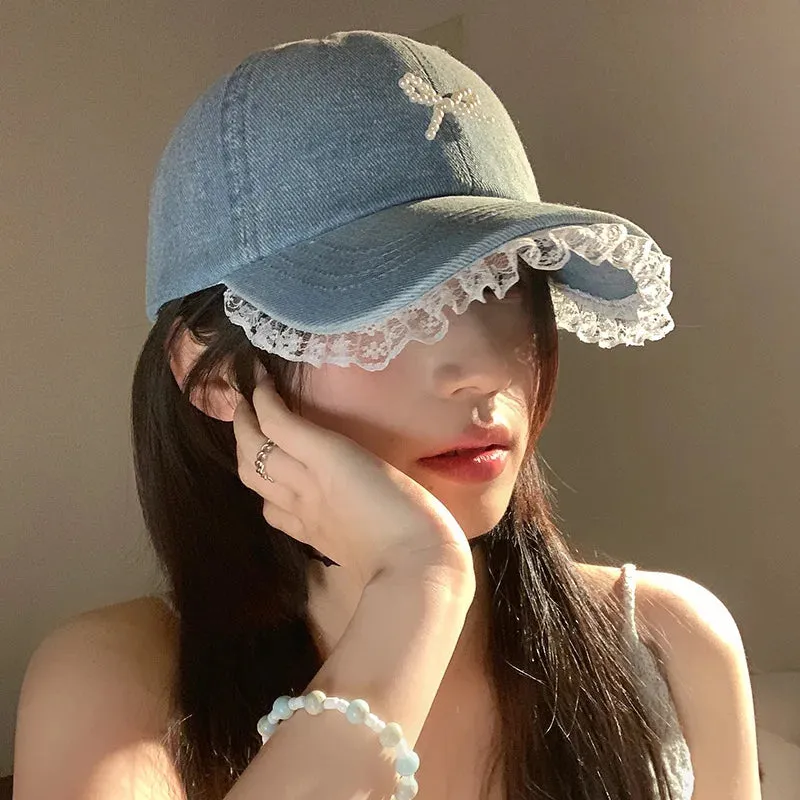 Cute Denim Lace Bow Womens Cap