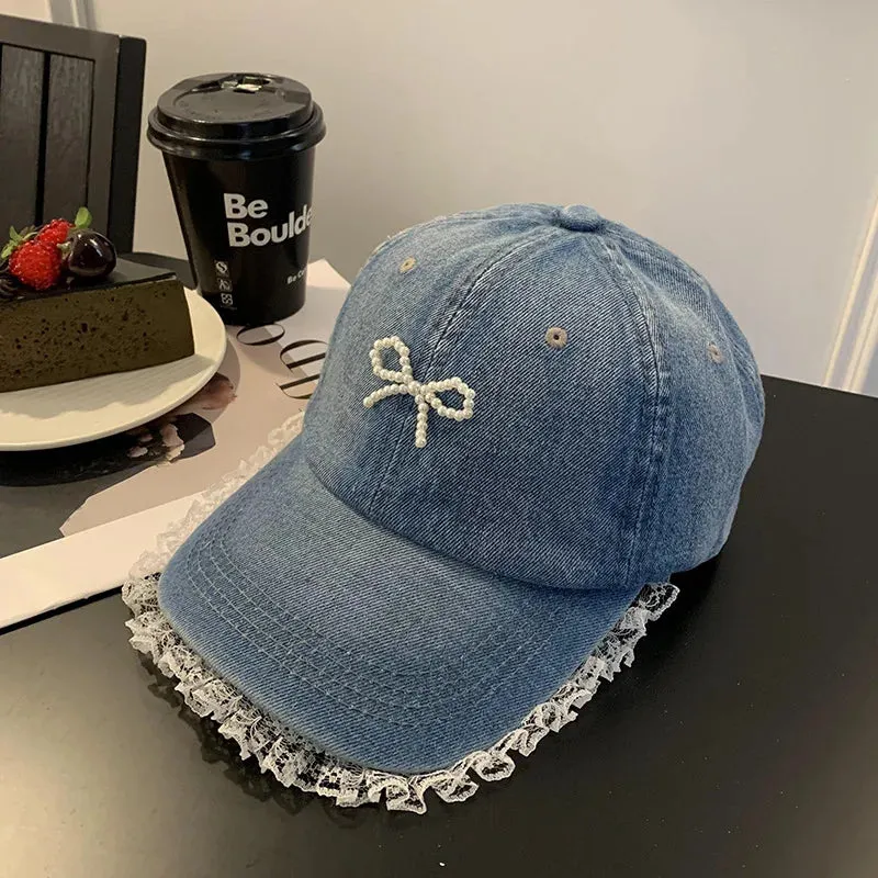 Cute Denim Lace Bow Womens Cap