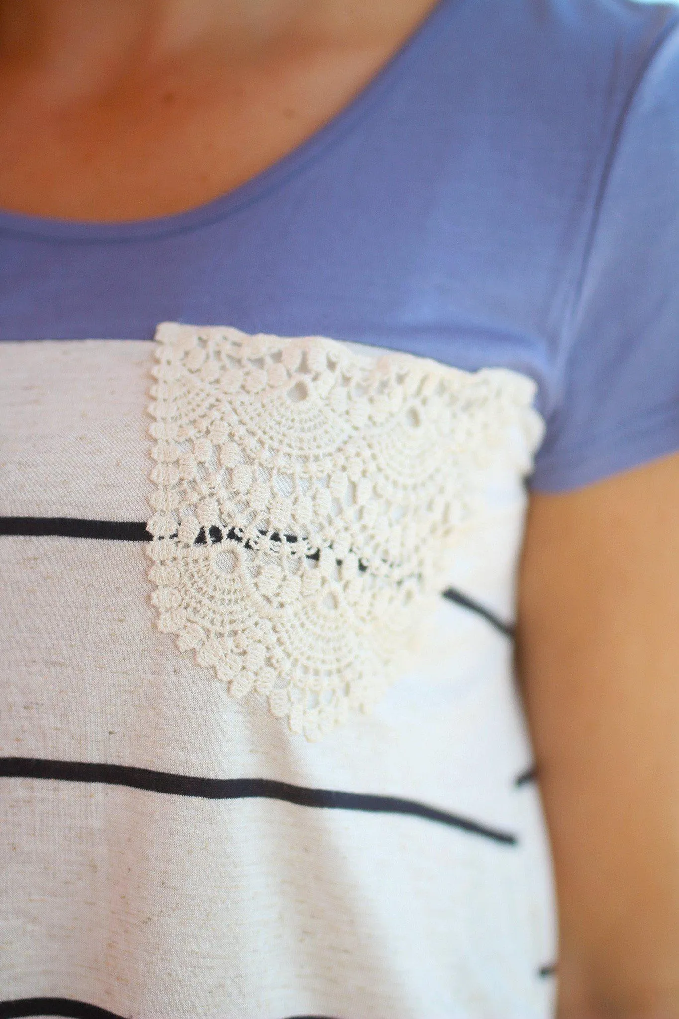 Denim Blue Striped Top with Crochet Pocket