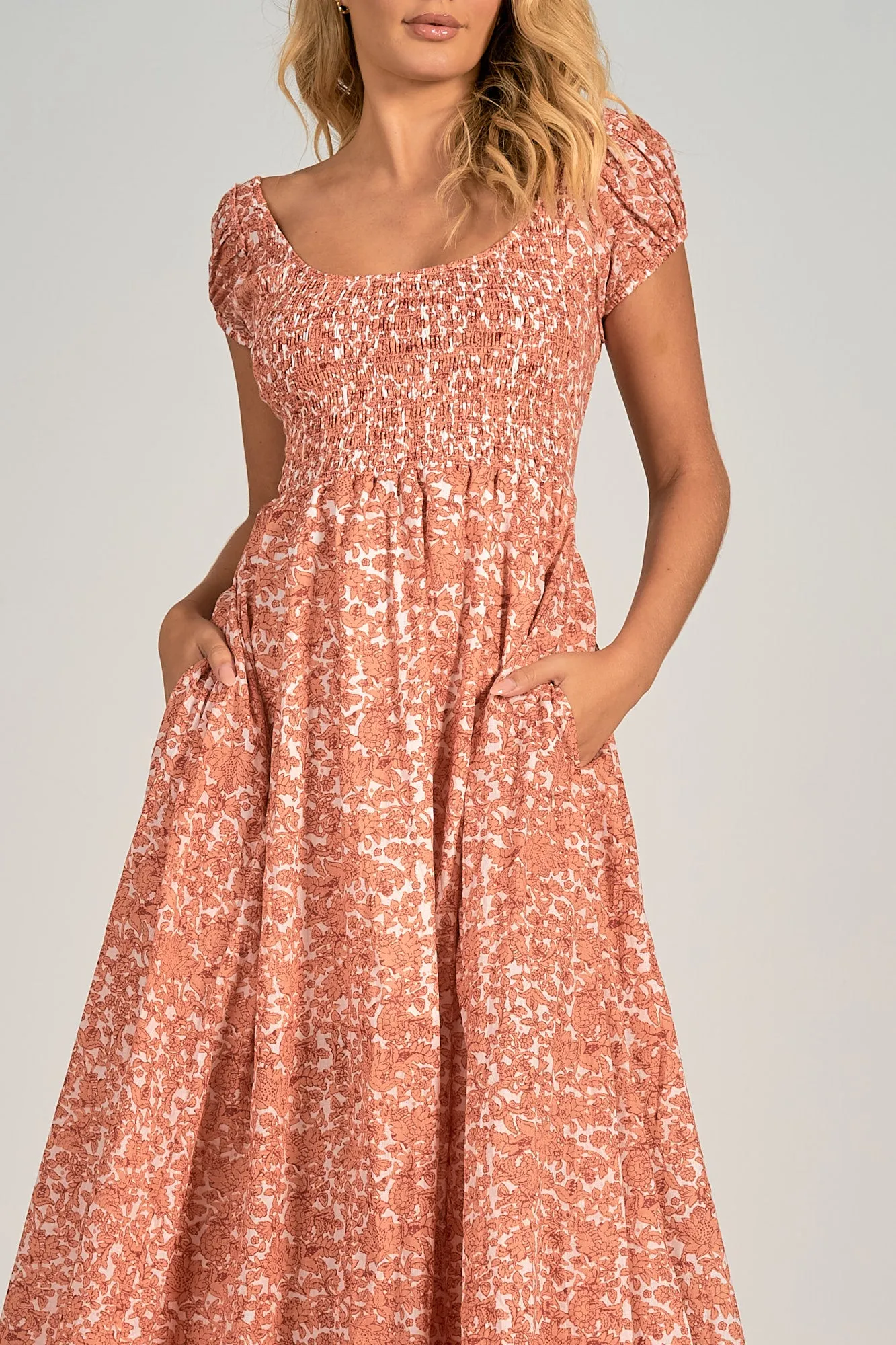 Elan Salmon Santa Fe Smocked Maxi Dress