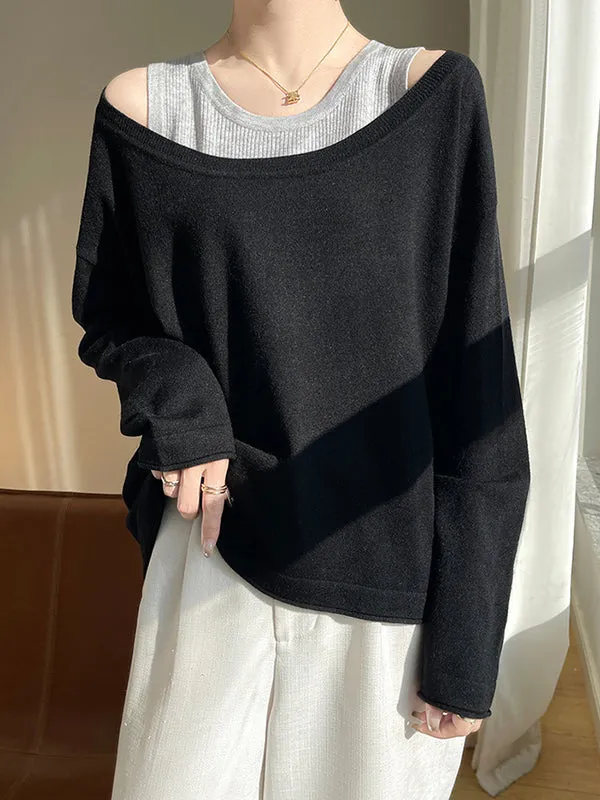 False Two Long Sleeves Contrast Color Split-Joint Cold Shoulder Pullovers Sweater Tops