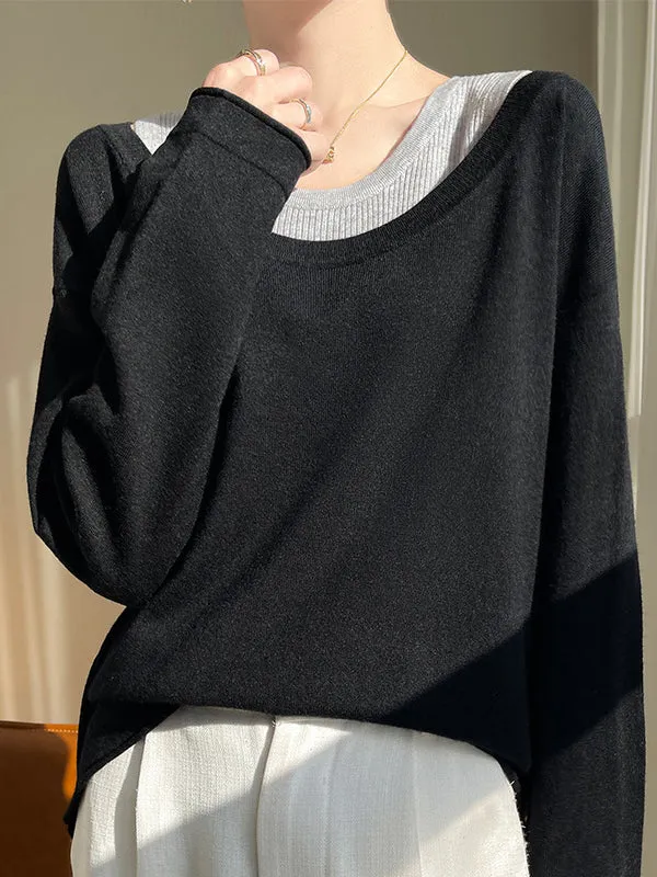 False Two Long Sleeves Contrast Color Split-Joint Cold Shoulder Pullovers Sweater Tops