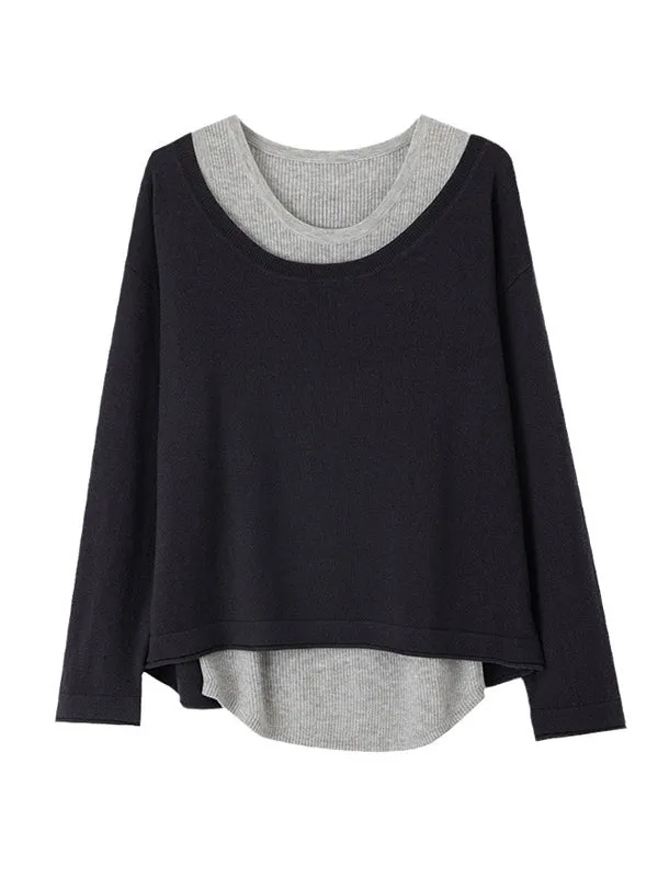 False Two Long Sleeves Contrast Color Split-Joint Cold Shoulder Pullovers Sweater Tops