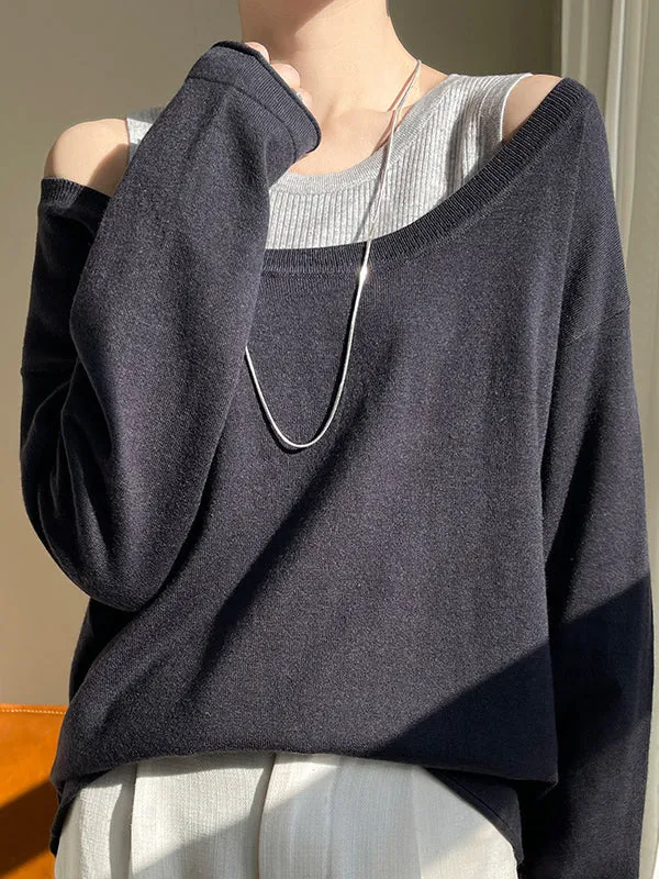 False Two Long Sleeves Contrast Color Split-Joint Cold Shoulder Pullovers Sweater Tops